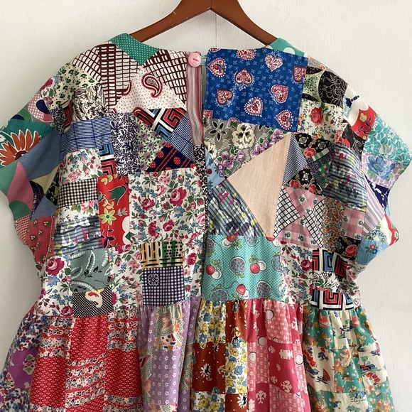 Upcycled vintage crazy patchwork quilt babydoll mid length lined dress Med to XL - Picture 14 of 16